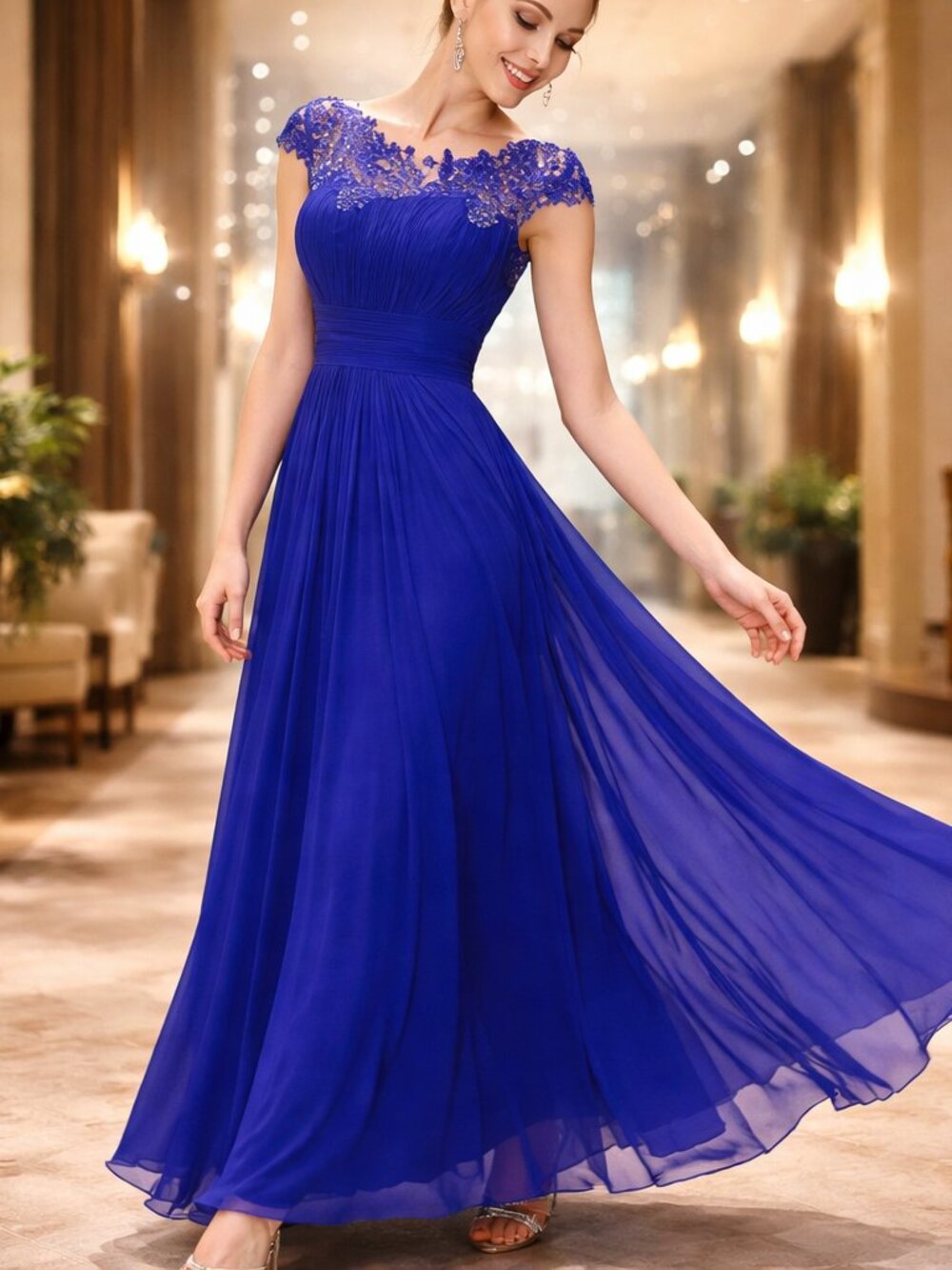 Blue Evening Gown Ball Gown Formal Evening Dresses Sleeveless Lace Decolletage